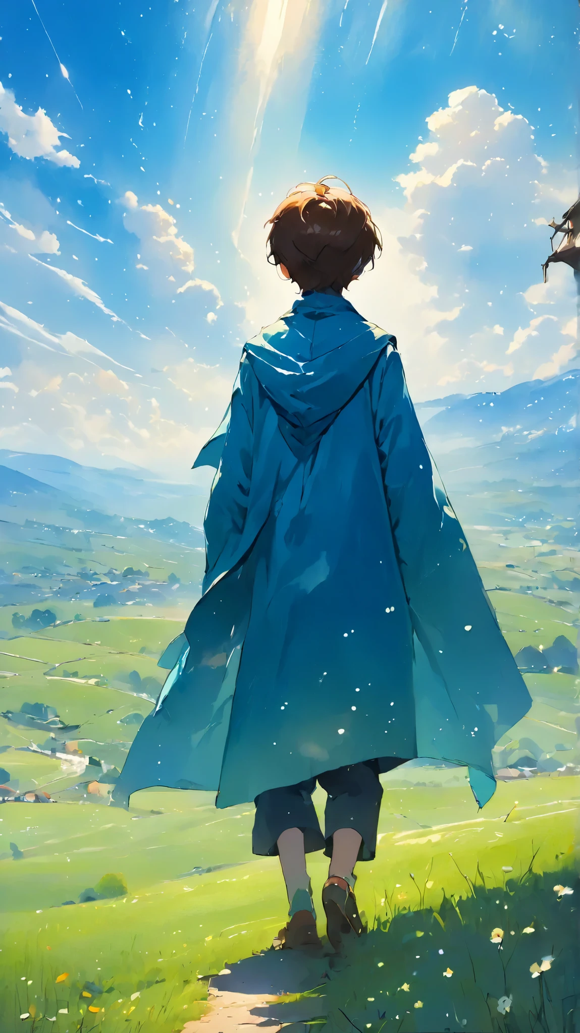 (((Pasture、another world、Very beautiful scenery)))、 watercolor、full body angle、one boy stepping、looks up at the sky、A boy wearing a cloak、brown hair、 boy、an artfully designed jacket、back view、Heaven、blue sky、 (((Pasture、another world、Very beautiful scenery)))