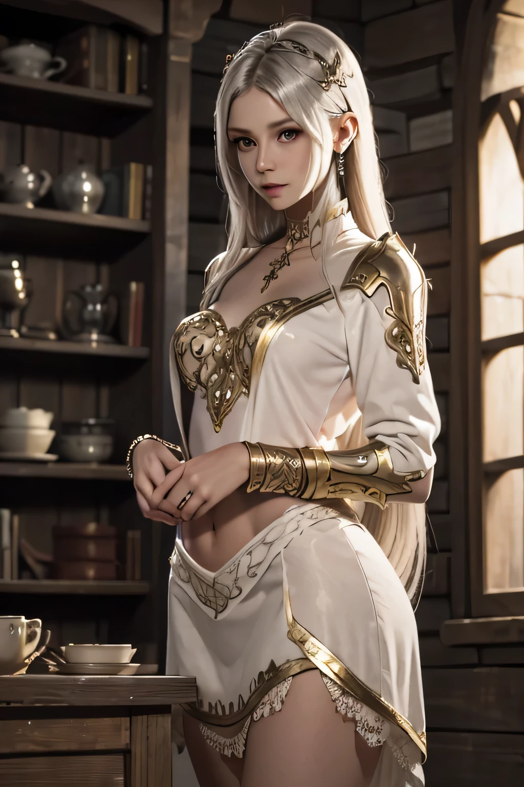 Long silver hair with ornate hair accessories, golden armor with intricate designs, blue and white garment with lace details, elegant shoulder armor, hands gracefully intertwined, wearing bracelets, standing pose, indoor stone-walled environment with wooden bookcases, warm light illuminating from the left, creating soft shadows, giving a medieval and regal atmosphere.