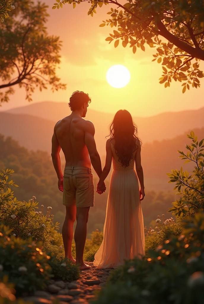 Adam and Eve walking naked in paradise, Smooth expression, e feliz, obra-prima, alta qualidade, alta qualidade, altamente detalhado CG unidade papel de parede 8k, fotos premiadas, bokeh, profundidade de campo, HDR, realista, muito detalhado, trending in the artstation, trend in CGSociety, complexo, alto detalhe, dramatic, arte no meio da jornada, volumeric lighting.