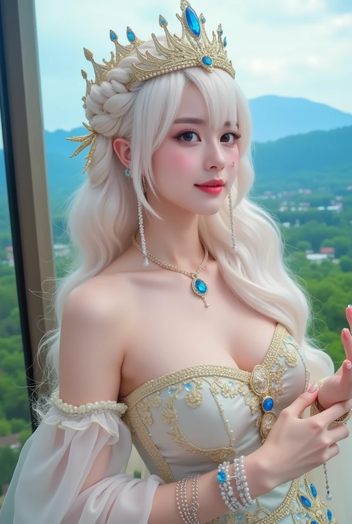 1 Girl, Beautiful, Baby Face, 20 Years Old, White Skin, Colossal Chest, Sleeveless, Cleavage, She is Princess of Asgard Cosplay Costumes, Primcess Cloak, Home Outdoor Background, Silver Straight Hair, ((adorable:1.3)), ((masterpiece:1.1))