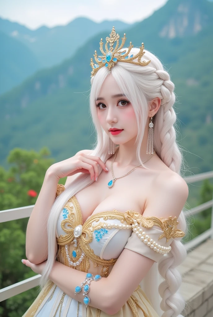 1 Girl, Beautiful, Baby Face, 20 Years Old, White Skin, Gigantic Colossal Chest, Sleeveless, Cleavage, She is Princess of Asgard Cosplay Costumes, Primcess Cloak, View of Empty Land, Hands Up Pose, The Huge Planet Jupiter Can Be Seen In The Sky, Silver Straight Hair, ((adorable:1.3)), ((masterpiece:1.1))