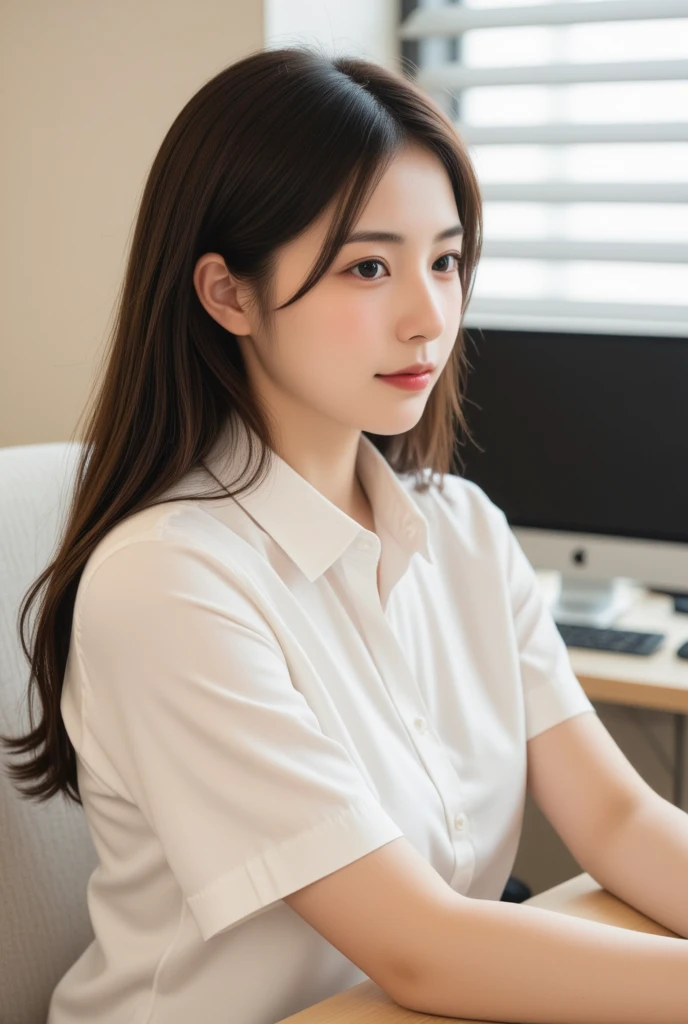 (8k, best quality, masterpiece:1.2), (realistic, photo-realistic:1.37), ultra-detailed, 1 girl,cute, solo,beautiful detailed sky,detailed office,night,sitting,(nose blush),(smile:1.15),(closed mouth) , medium breasts,beautiful detailed eyes,(collared shirt:1.1), night, wet,business attire, rain, (short hair:1.2), pureerosface_v1, computer, detail finger, beautiful detailed face,