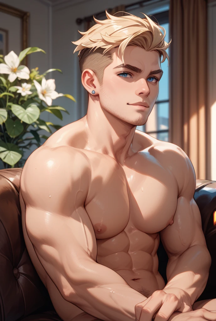 ((the best quality)), ((Masterpiece)), (details), perfect face, high definition, Masterpiece,4k,details clearly, Handsome face, white skin, perfect body, male body, strong muscles, abdomen, blue eyes, white skin, The most handsome man in the world, handsome, The coolest face, Male characters, close image (1man, shirtless), young man, mischievous smile, Extremely muscular tall man, open your eyes ((detailed eyes)), huge, muscular body and Massive, bulging pecs, muscular abs, narrow waist, short hair, blue eyes, delicate big eyes, carefree expression, clear face, handsome (detailed face, perfect face) ((extremely realistic shadows, bodybuilding posture, human, ((22-year-old young man)), V shape, fashion, Shirtless, Sunlight, street lower pants, topless, close up look, CG sense, Textured skin, the best quality, Storytelling images, show Panty line, Show your abs, show arm muscle, Black hair, shining blue eyes, eyes contact, leather belt, Red cheeks, bright, black jeans