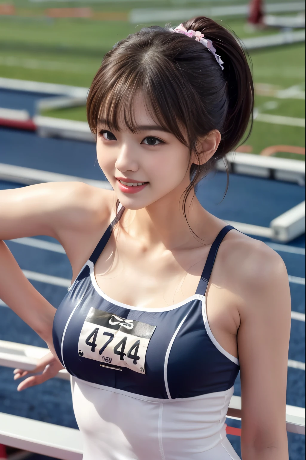 pieces fly、masterpiece、highest quality、Super detailed、High resolution、High resolution、8K portrait、unity 8k wallpaper、Detailed CG、unity 8k wallpaper、Detailed CGユニティ8kの壁紙、realistic、real person、portrait photography、shiny skin、(20-year-old)、High resolution、beautiful clear eyes、very detailed explanation、delicate face、nice lips、thin waist、thin legs、1 girl、(athletics stadium:1.4)、(colorful sleeveless track and field uniform:1.4)、(big breasts:1.3)、(Swelling of the nipples:1.3)、(smile)、(abs:1.3)、(wavy hair)