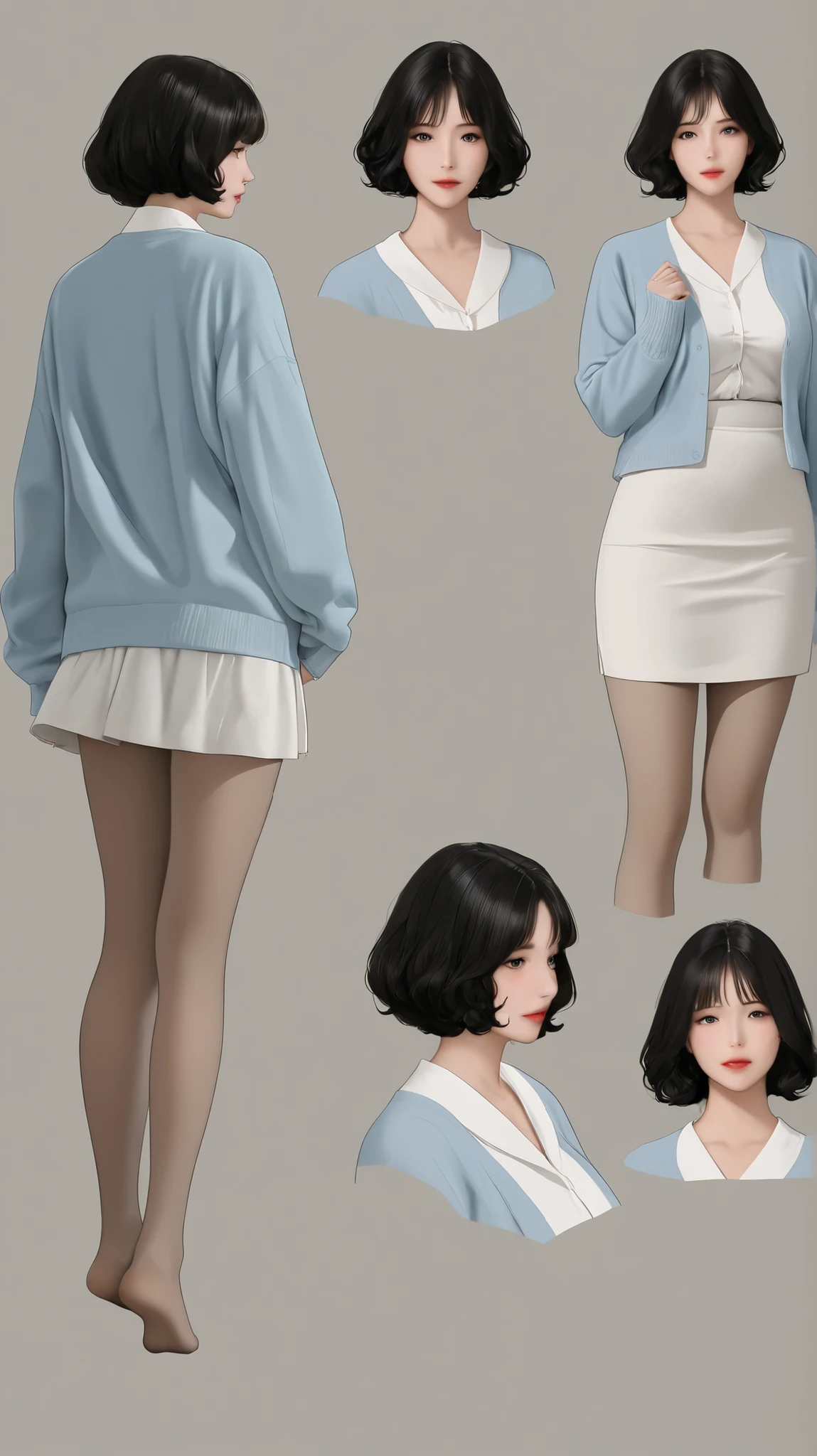 no background, high quality, ((black Wavy Bob hair)),  light blue cardigan , white blouse, white flared skirt, mature Korean women,  ((beige pantyhose)), portrait, Draw a 4-part collage of an example image showing a waist shot
