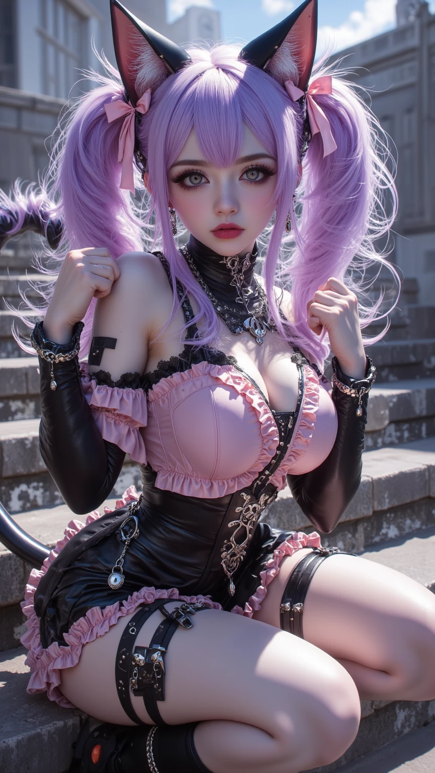 egirl as harlequin, long pink and blue hair with a choker in the background, synth wave color palette, trending on artstation, trending on CGSociety, Intricate, High detail, sharp focus, dramatic, full body shot in lace dress on four legs in an armchair on a ship on the moon looking out the window, trend on tiktok