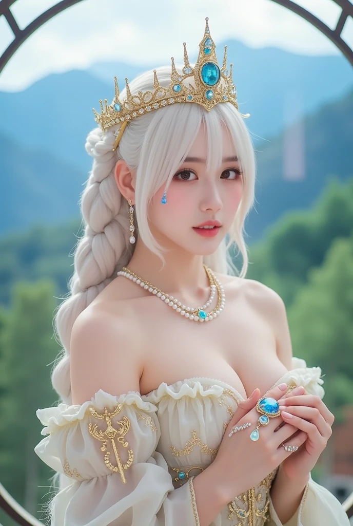 Girl, transparent, see through, silver and gold dress, topless, silver hair, tiara, glove, chokes, silver long sleeves, silver veils, ear wear, detailed hand, oval face, smile, picture form top to knee, sexy pose, extra large breasts, look at camera, camera from top, detailed, night, castle background, photorealistic, best quality