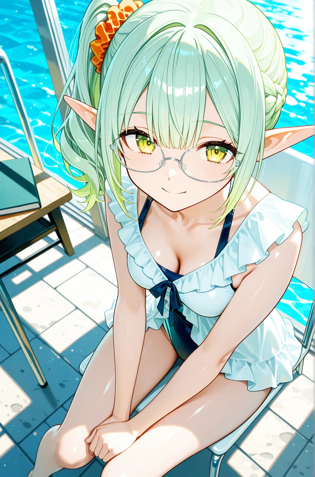((Best Quality, 8K, Masterpiece: 1.3)), 1girl, Elf, dual colour hair, beautiful and elegant, cute girl, smiling, lying on grass, fountain, water splashes, glasses