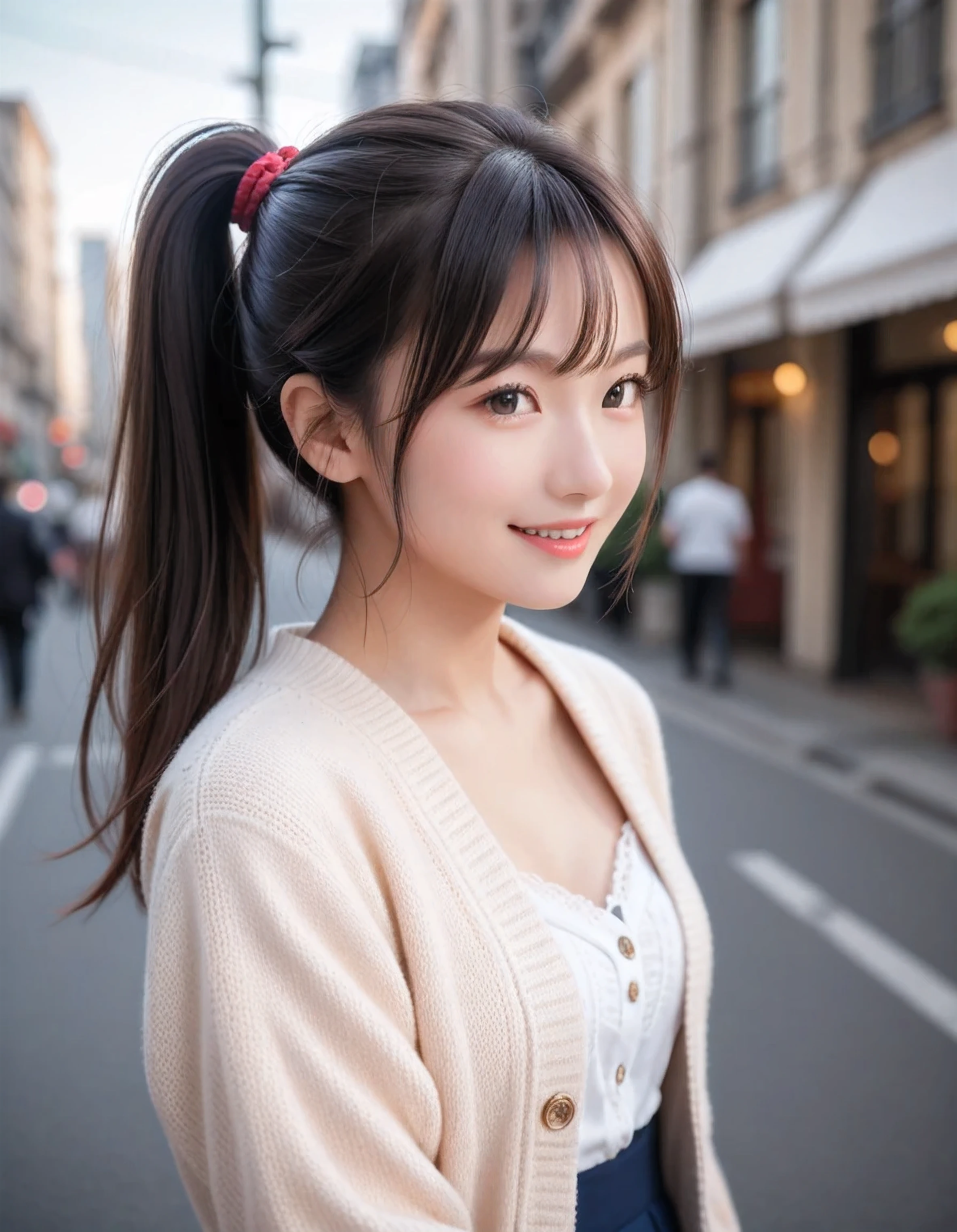 score_9, score_8_up, score_7_up, super detailed, 32K, Masterpiece, top quality, super high definition ,nsfw, official art, photorealistic, solo, 1 classy Japanese girl, ((ponytail)), black hair, smaller face, natural makeup, cute face, small breasts, curvy body, perfect_proportioned body, Detailed high quality, Realistic depiction of face, fair skin, cardigan, blouse, mini skirt, walking city street in Paris, hands clasped, from front, upper body, gentle smile,