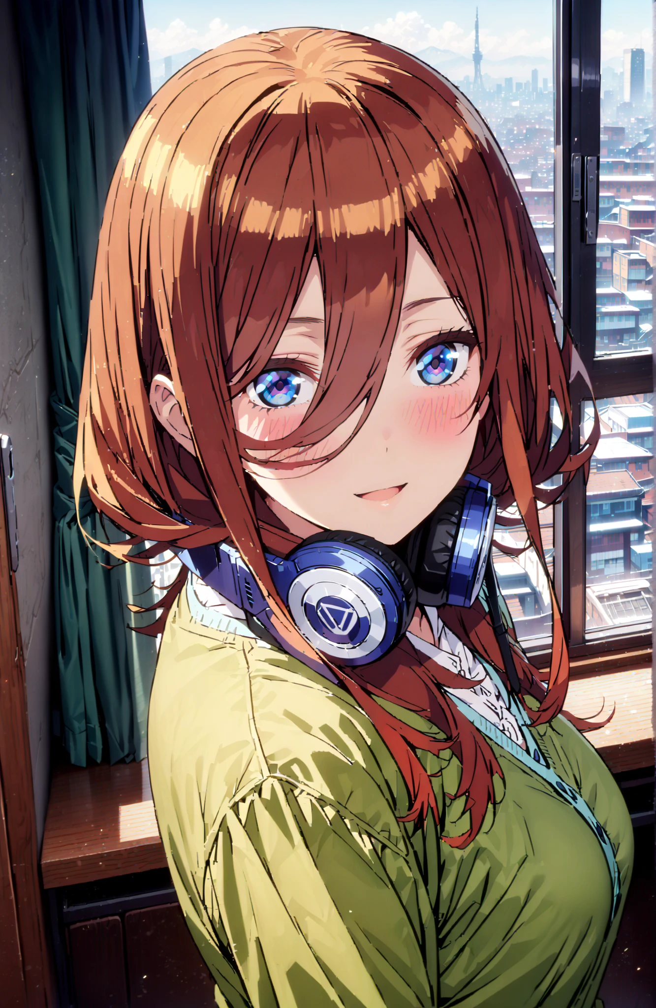 Nakano Miku, long hair,solo, bungs, blue eyes, brown hair, hair between eyes, headphones, headphones around neck,smile,blush,open your mouth,Big Breasts,
in their 40s skirt, shirt, long sleeve, white shirt, pleated skirt, black pantyhose, Green Skirt, blue cardigan,standing,Holding a blue bouquet with both hands,curtains,window,machine,chairs, Flower blowing snow,
in their 40s indoors, Classroom,
in their 40s looking at viewer, full body,
in their 40s (masterpiece:1.2), Highest Quality, high resolution, Unity 8k Wallpaper, (Illustrations:0.8), (beautifully detailed eyes:1.6), very detailed face, perfect lighting, very detailed CG, (perfect hand in h, perfect anatomy),