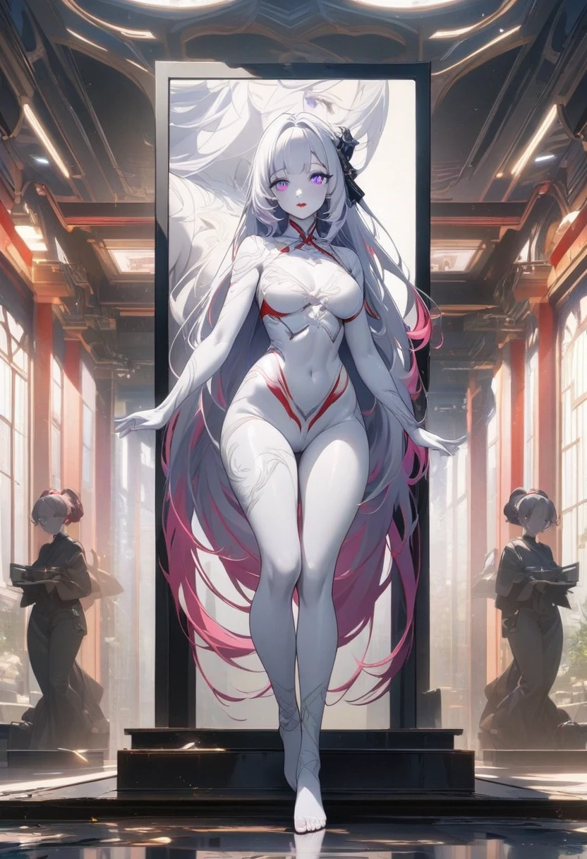 Official Art, Masterpiece, Sharp Focus, (Beautiful Gorgeous and Lovely Japanese Woman: 1.3), (Beautiful and Lovely Korean: 1.3), Korean beauty, delicate and beautiful hair eyes and face, realistic, super detailed, beautiful girl, blue sky, luminous white particles, (side light:1.2), sunlight, white clouds, fine clouds, slim, cute big , big ass, grin, ((eyes open when laughing)), landscape, long straight hair, sexy expression, buildings, (city view: 1.7), dynamic hair, long straight hair, delicate platinum-white hair, shiny red eyes, (blue pleated shirt + white dress), white stockings, pale skin, hair dotted with epic landscapes,8k bigboobs