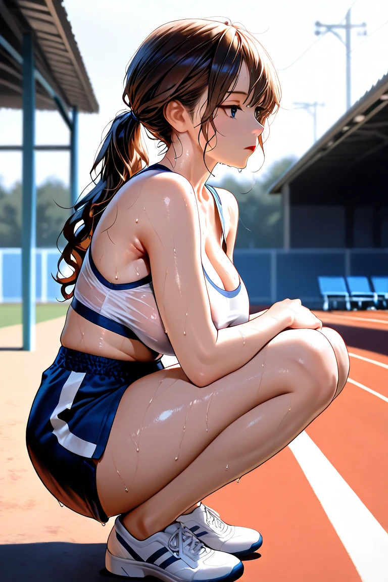 NSFW、Masterpiece、Highest quality、Detailed、8K quality、Tabletop、beautiful girl、Very thin body、Model body type、Track and field athlete、Athletics Stadium、Tracks on land、Crouching Start、pubic hair、A lot of love juice、((Sweat))