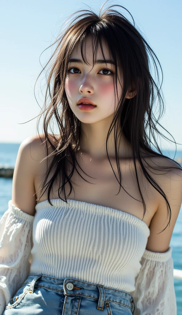 (8Khigh resolution), (best quality), (RAW image quality),(On the table:1.2), (Practical), (Practical:1.37), Oval face,White-eye,Long eyelashes,Double eyelids,(Live-action Practical style),Ultimate Face,Practical light and shadow,Clear facial features,Milky white skin,White skin, High Detail Skin,Practical skin details,Visible pores,(Very detailed),Random hair length, (Flowing hair),Take the best portraits,,Very detailedな, 1- Girl, Lovely,Beautiful and delicate eyes, Beautifully detailed nose, Very delicate skin,whole body ,(eye contact),(Large Breasts、Full breasts)、(Double eyelidsの美しい顔),((whole body画像)), (realism: 1.4),high resolution, Excellent details, ultra high resolution, (Show your most beautiful smile to the audience),,Beautiful face,,20 years old,(Beautiful Face 1.4),slim, (Long hand-knit off-shoulder top:1.2)、(Plaid pleated skirt:1.2),Sea,seaside,Beach
