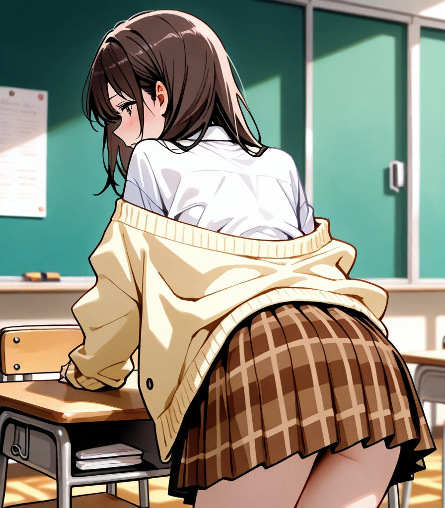 from behind, 1 10yo girl, chair exposure, ass, skirt lift, pleated skirt, looking back, classroom,cute pantie