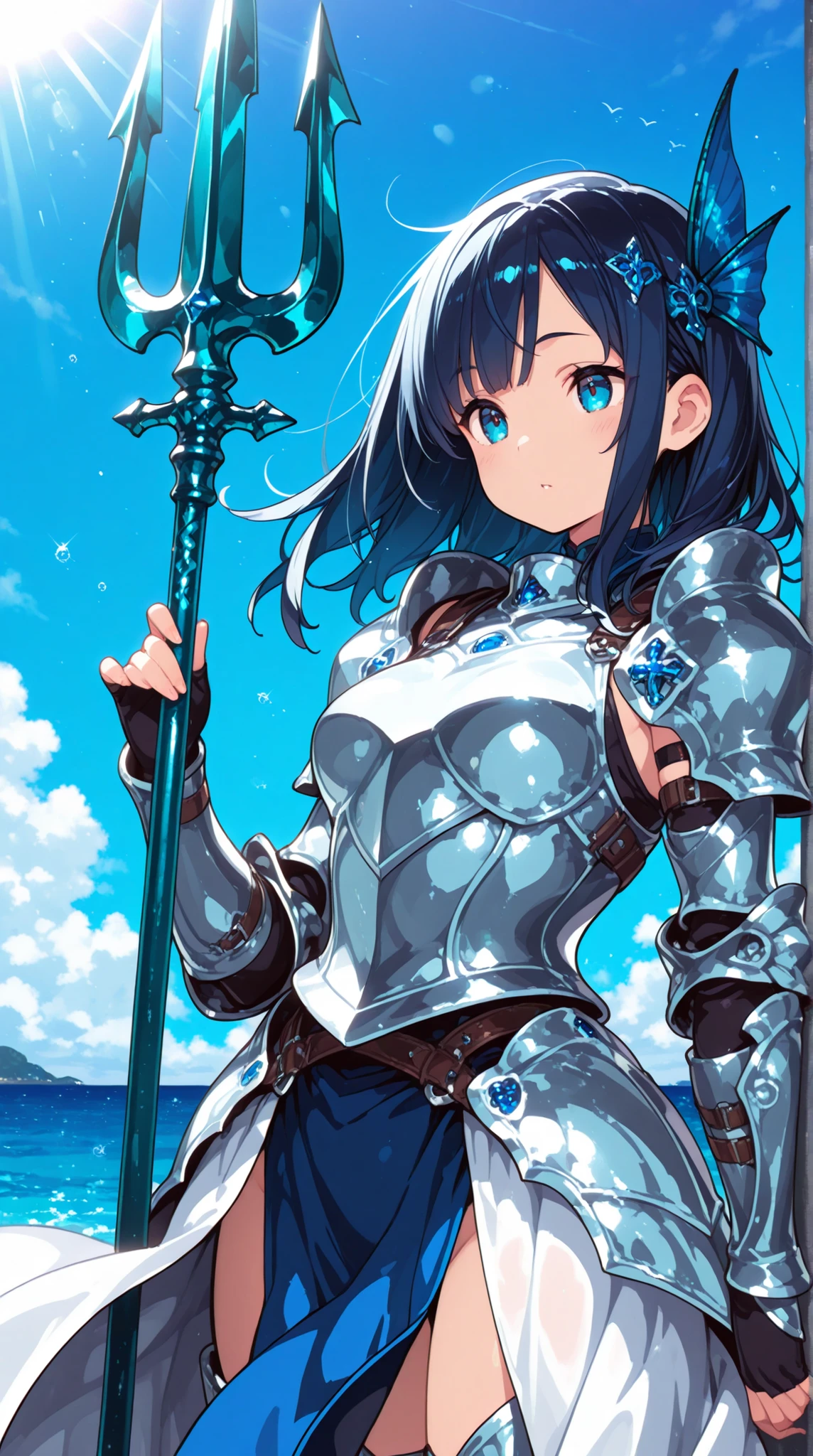 female, Sea Knight, Scale Knight Armor,Fin Ornament, Sapphire Trident,   Sunlight,  wind,  