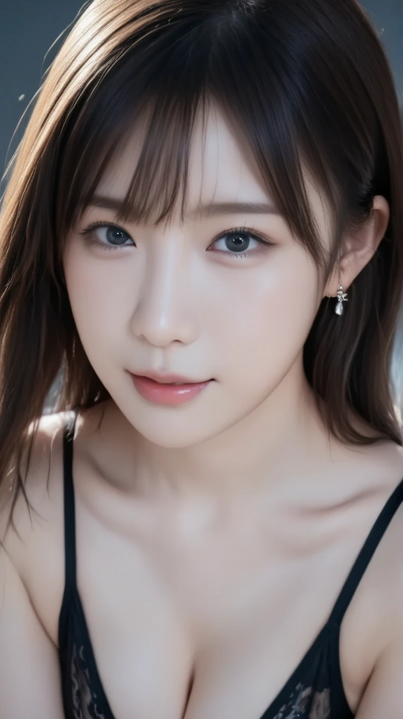 (masterpiece:1.3), high resolution, ultra detailed, extremely detailed CG unity 8k wallpaper, realistic, photo-realistic, RAW photo, beautiful detailed face, pale skin, realistic glistening skin, detailed cloth texture, detailed hair texture, Perfect body, Beautiful Face, accurate, Anatomically correct, Highly detailed face and skin texture, natural neck length, (beautiful hands), (fair skin:1.1), (well-aligned teeth:1.1), (Sweaty skin:1.2),
BREAK,
Detailed eyes, symmetric eyes, Light Brown eyes, Double eyelids, Thin eyebrows, (Glossy lips:1.4), ((A face with waiting for a kiss:1.2)), (blush:1.1), (A sparkling small hair accessory:1.1), (beautiful smile:1.1), (having microphone:1.3),
BREAK,
(A classy and Cute idol:1.3), (nude, nsfw, nipple, navel:1.4),
BREAK,
medium large breasts, slender figure, firm abs,
((ponytail, black hair, bangs:1.2)), (cowboy shot:1.2), (looking at viewer), cowboy shot, From above,
BREAK,
(singing on stage:1.3),