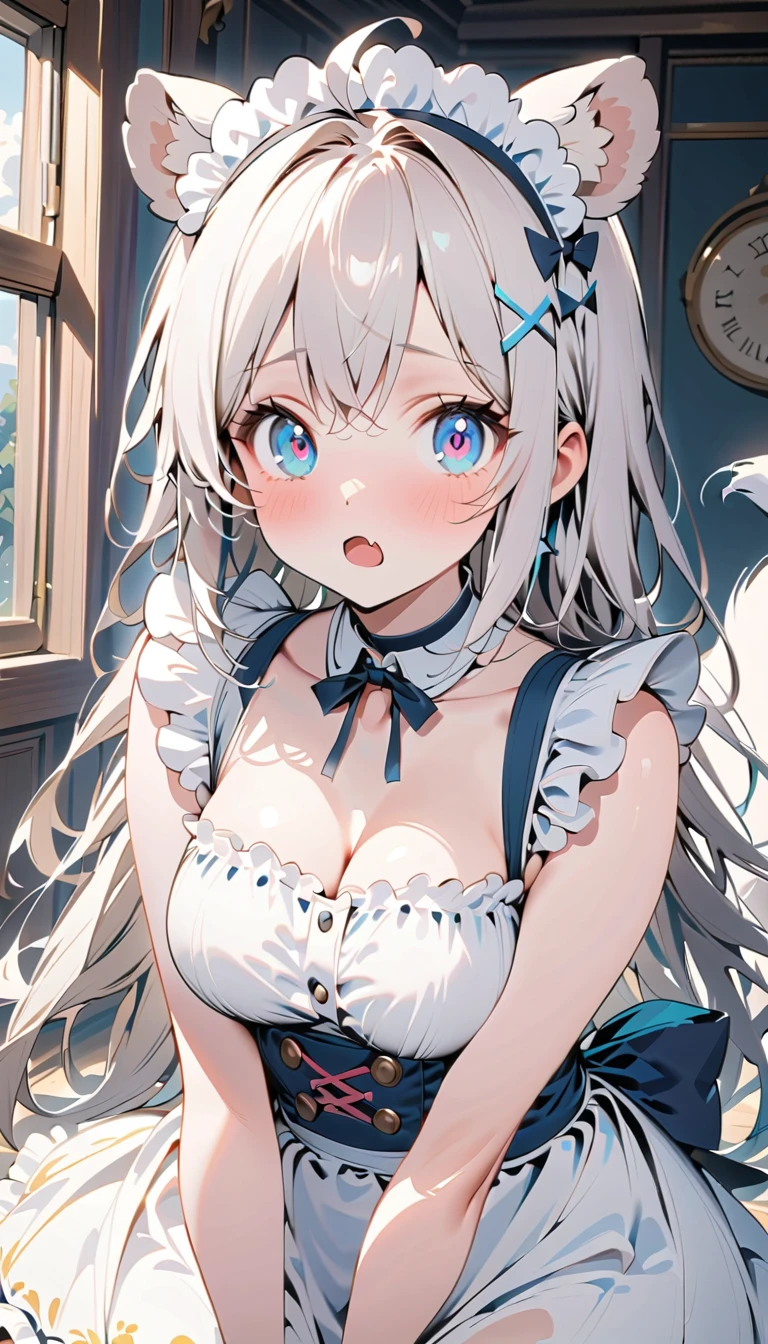 top-quality、realistic touch,high-detail、photoRealstic、Long body、captive beauty、big eye、huge tit、Strong platinum blonde eyelashes、platinum-blonde、Beautie、A sexy、full body Esbian、Sparkling eyes、Submissive smile、Flushed cheeks、Kamimei、thin-waist、Voluptuous thighs、Enraptured look、Raked bangs、The forehead is protruding、Corset to emphasize the chest、Obedient maid uniform、sleeveless、High school student in sailor suit、Group of 2