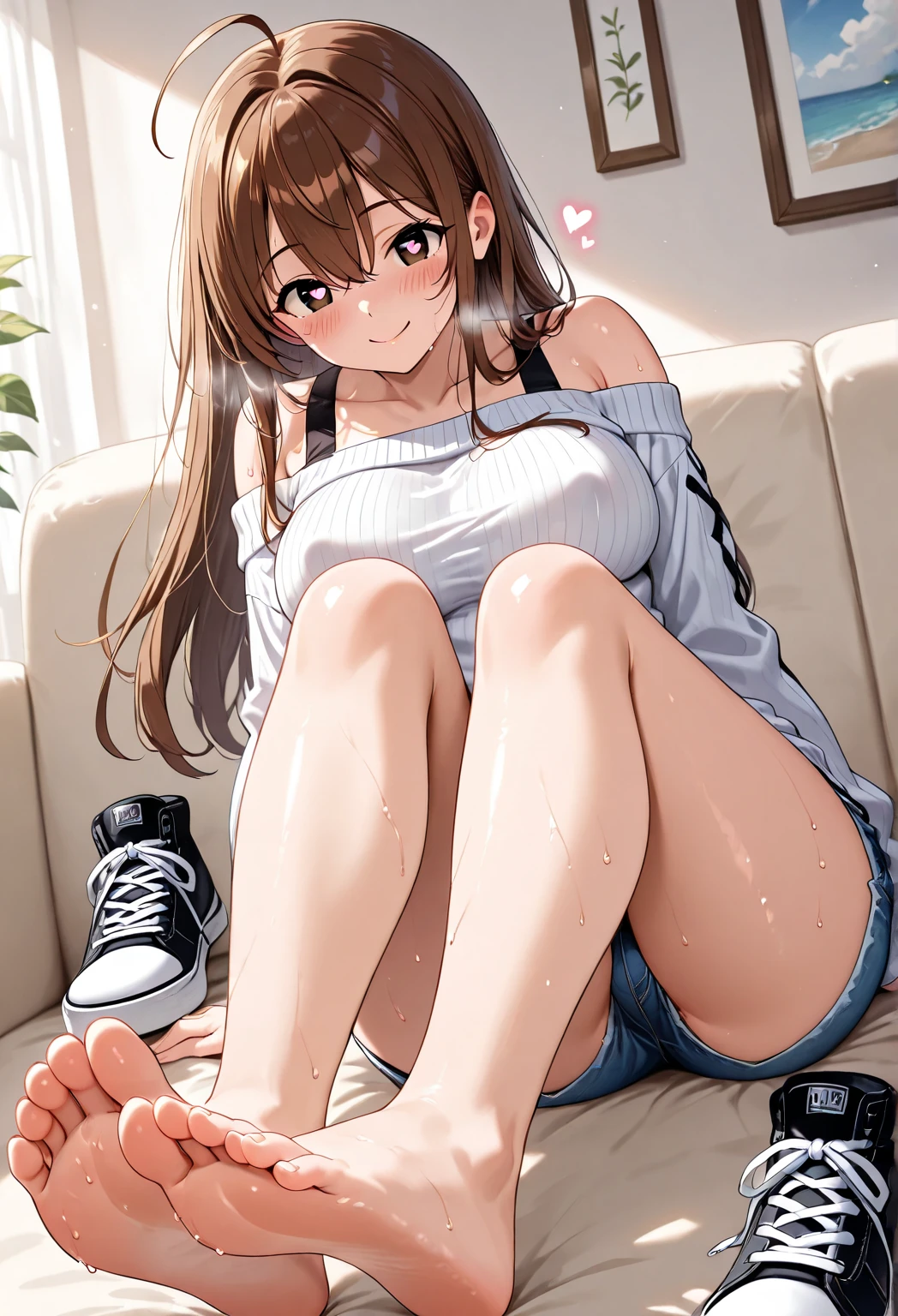 (masterpiece, best quality),
1girl, sitting, (hugging own knees:1.2), looking at viewer, head tilt, lower body, focus,
break girl, camisole, black skirt, lift skart,(red and white striped panties1.3), cameltoe, brown hair, twintails, grey eyes, grin, blush, bare shin
break background myroom, couch,(show off panties:1.3),(low view:1.3)