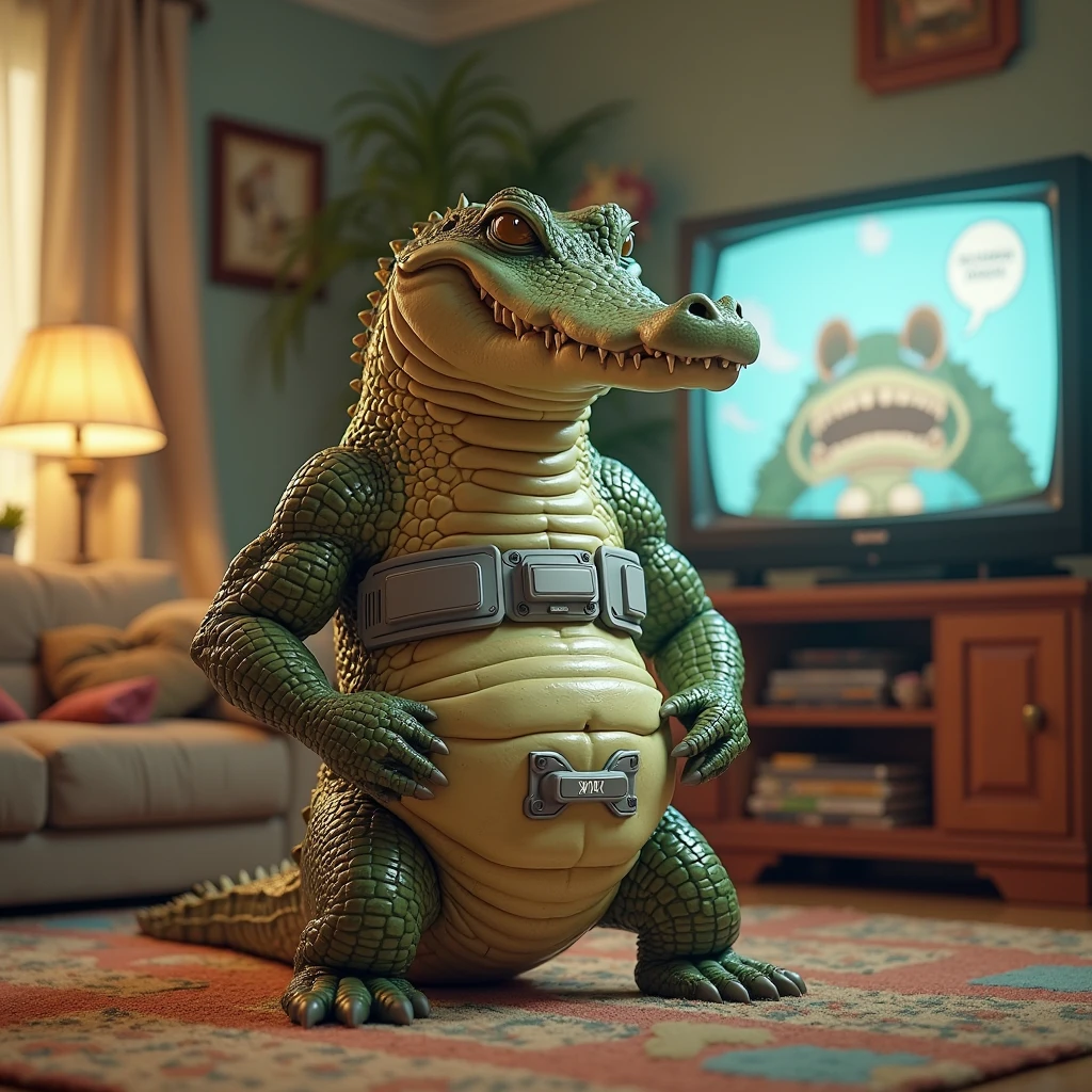 Today's theme is "The Healthy Existence of All Organisms". 3D animation. A crocodile training his abdominal muscles with two Sixpads wrapped around his stomach. A comical scene. In the background is a living room with a mail order commercial on TV. Surrealism.