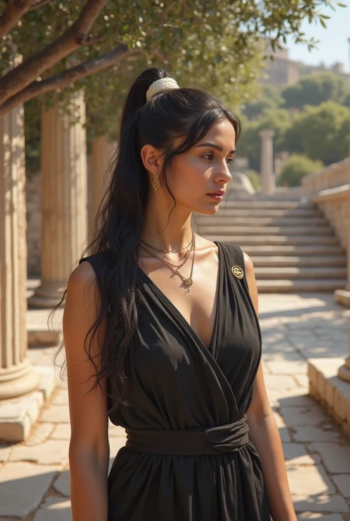 Photo of a woman with long black hair in a Roman setting