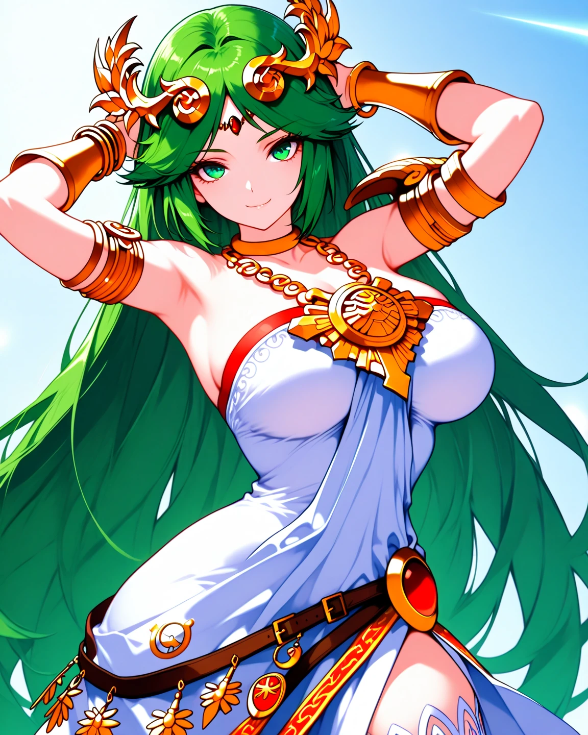 "(masterpiece:1.1), best quality,
1girl, (80s anime style:1.3), (eyelashes:1.5), (loli:1.2),
(intricate high detailed body:1.2),
(green hair:1.1), (forehead:1.1), (twin braids:1.1), (hair ornament:1.2),
purple eyes,
(curvy body:1.1), (gigantic breasts:1.5),
(shy:1.2), (blush:1.1), open mouth,
(high cut bikini armor:1.2), (mini skirt:1.2),
(spiked knight armor, armored boots:1.2), (fur:1.1), (accessories:1.1), crystal necklace,
standing,
(upper body, cowboy shot, looking at viewer, from front:1.1),
(daytime, grassland, outdoors:1.1)"