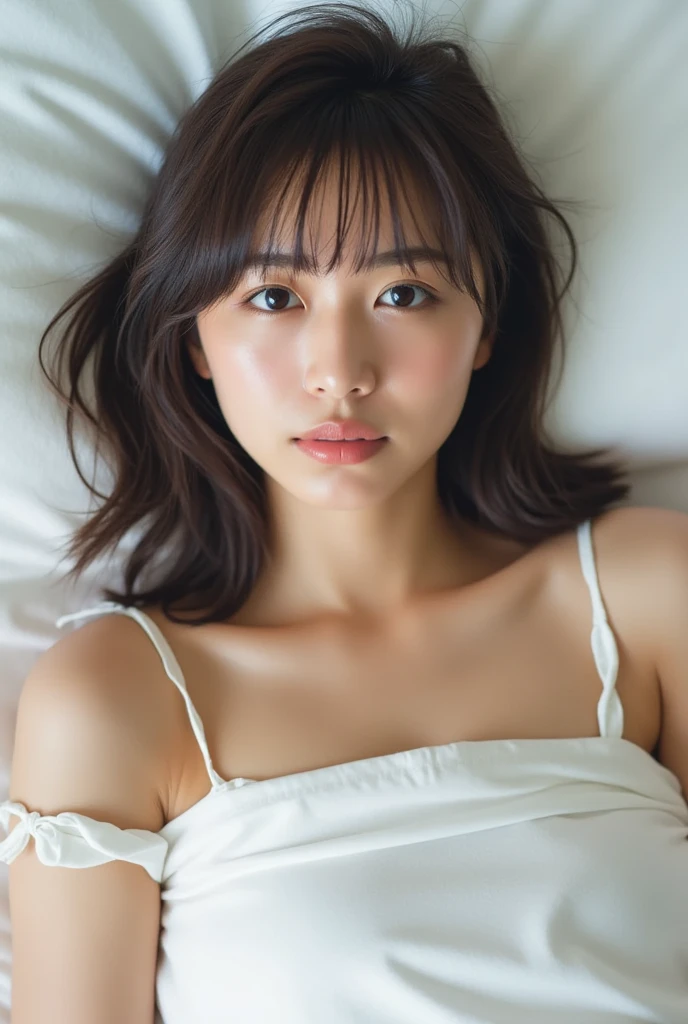 ((lying:1.5)), ((lying:1.5)), ((lying:1.5)), ((lying:1.5)), ((overhead shot:1.5)), ((overhead shot:1.5)), ((overhead shot:1.5)), ((Supine Position:1.5)), ((Photographed from directly above:1.5)), ((take a photo from directly above:1.5)), ((From above:1.5)), ((Photographed from directly above:1.5)), ((on bed:1.5)), ((on bed:1.5)), ((Hotel Bed:1.5)).
((one woman,1 female)), ((wearing a transparent white blouse:1.5)), ((mini skirt:1.5)).
((beautiful straight black long hair:1.5)), (bangs:1.7), (small natural breasts:1,7), ((flat chest:1.8)).
((looking at viewer:1.5)), ((look into the viewer's eyes:1.5)), ((Looking into the camera:1.5)), ((Viewer's line of sight:1.5)), Elderly face, ((crying:1.5)), ((crying:1.5)), ((shy:1.5)), ((shy:1.5)), ((shame:1.5)), ((blush:1.5)), strong maternal qualities, Staring at this, Face is close, Staring at this, Ultra-fine, Beautiful Hair, Transparent Photo, Have a look at this, Perfect Fingers, Perfect Face, Detailed Background, Fair skin, Translucent white skin, Perfect Fingers, Detailed Background, Highest quality, very High resolution, Perfect Anatomy, High resolution, RAW color photos, Professional photography, Very delicate, Very detailed, Finely detailed, Large file size, Best image quality, 16K, Award-winning works, Tabletop, Professional Photography,