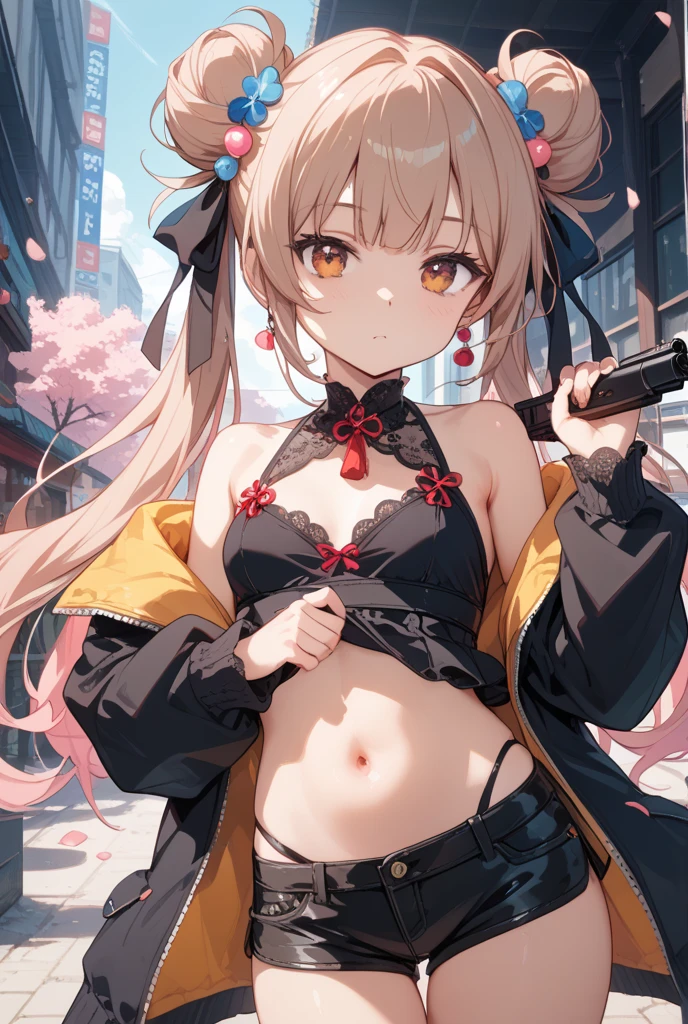 cheveux blonds, collier pour chat noir, yeux qui étincellent de flammes, seins, Nombril, rue japonaise tokyo, regarder le ciel, premiere vue sur le terrain, Twintails, lunettes de soleil, amber eyes, animal ears, sourire, Embarrassed, rougir, tear, High detail, Anime, romantisme, scintiller, silhouette, profondeur de champ, UHD, retina, Masterpiece, ccurate, anatomiquement correct, textured skin, super detail, High Details, award winning, Best quality, high resolucion, High quality, 16k