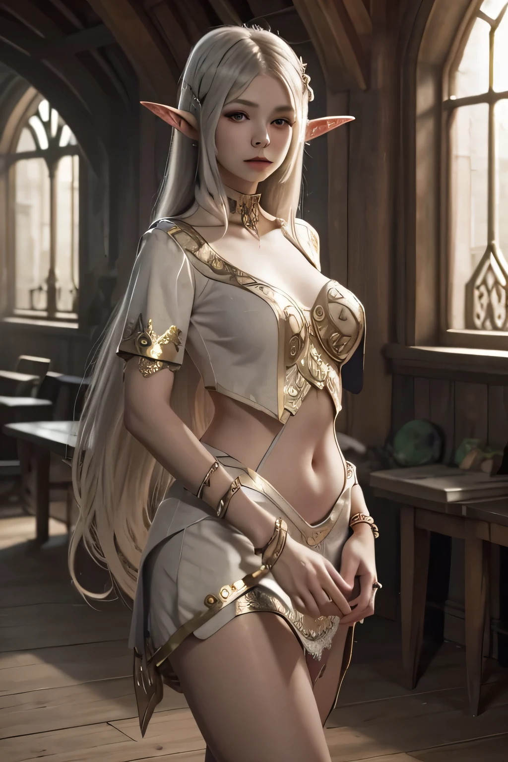 Long silver hair with ornate female elf hair accessories, golden armor with intricate designs, blue and white garment with lace details, elegant shoulder armor, hands gracefully intertwined, wearing bracelets, standing pose, indoor stone-walled environment with wooden bookcases, warm light illuminating from the left, creating soft shadows, giving a medieval and regal atmosphere. looking at the viewer,