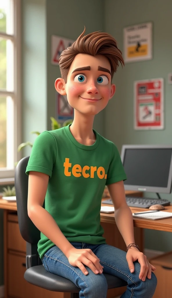 Menino branco de cabelo marrom cacheado, usando uma camisa verde musgo, tirando selfie no quarto com um sorriso no rosto