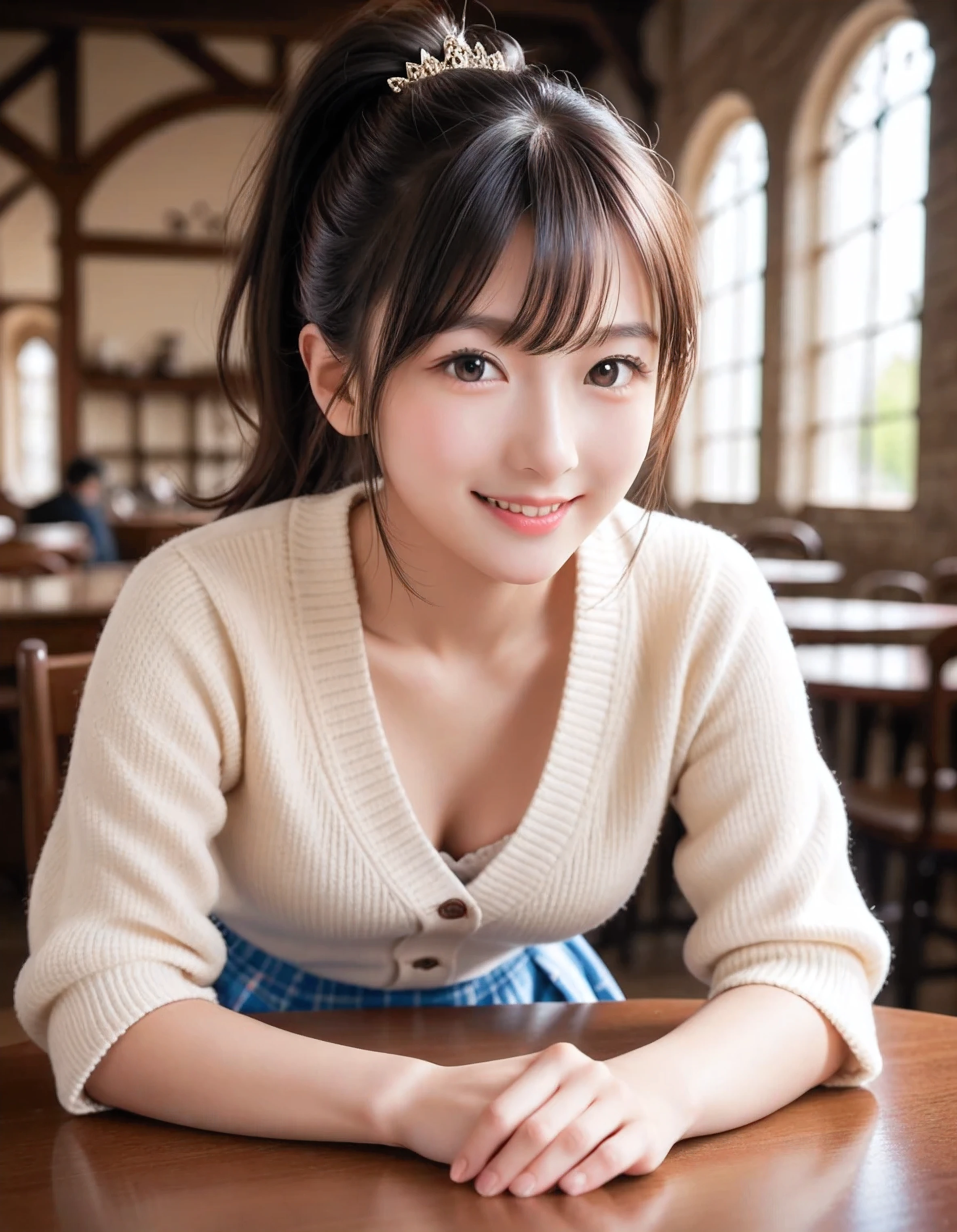 score_9, score_8_up, score_7_up, super detailed, 32K, Masterpiece, top quality, super high definition ,nsfw, official art, photorealistic, solo, 1 classy Japanese girl, ((ponytail)), black hair, smaller face, natural makeup, cute face, small breasts, curvy body, perfect_proportioned body, Detailed high quality, Realistic depiction of face, fair skin, cardigan, blouse, mini skirt, sitting in the cafe like medieval castle, hands on cafe table, tilt head, from front, POV, gentle smile,