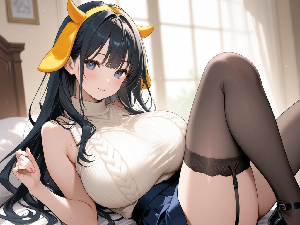 8K、Best Quality、sleeps in a bed、A dark-haired、Twin-tailed、Large pink ribbon、delicated face、Sareme、glares、、blushed face、Pink blouse with a lot of frills、Black mini skirt with lace、beauty legs、Striped lace tights、Black thick-soled pumps、Seductive thighs、Colossal tits:1.8、big butts:5.5、big breasts thin waist、Beautiful constriction、shinny skin、Facing up、Kamimei、Shy smile、Looking Up、Spread legs、Spread crotch、sole of feet