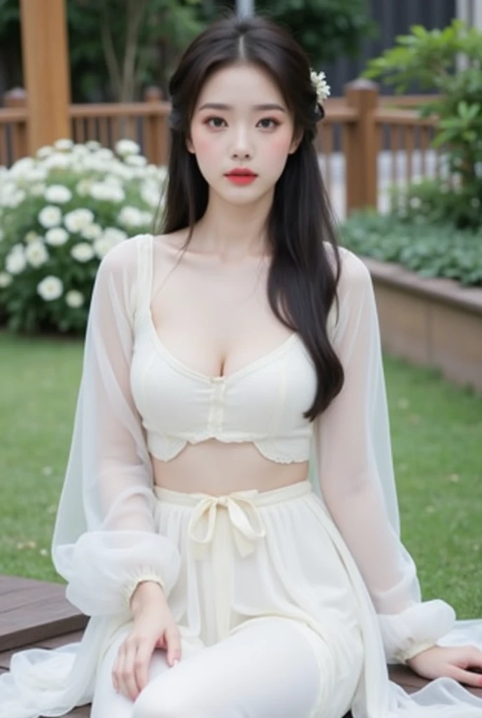 long sleeves, off shoulder
bra
navel
layered skirt
butterfly hair ornament (night), In the park under the moonlight,A beautiful girl sitting among the flowers,Surrounded by blooming flowers and fluttering butterflies。Girl's cleavage is visible,The body leans back,Support your body with your elbows,Showing an elegant and seductive posture。She has a very beautiful、Well-proportioned legs,Anatomically correct。The girl's face is delicate,Bathed in the soft moonlight,The whole scene is filled with atmospheric lighting effects。Dramatic lighting creates a cinematic atmosphere。The bright smile on the girl's face adds a touch of fantasy。