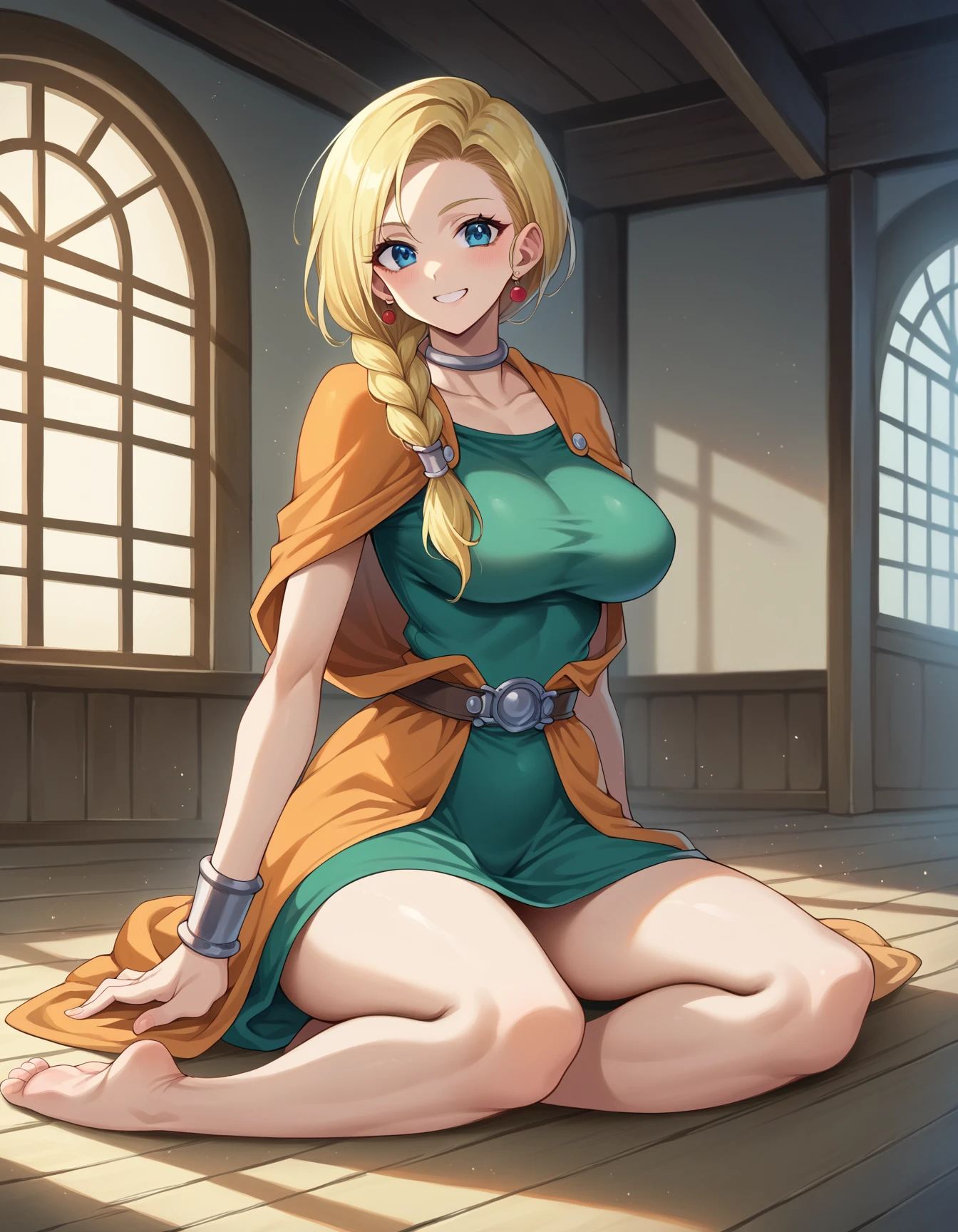 (((Solo))) Girl with light blonde hair in a ponytail, smiling, facing camera, blue eyes, large chest,wearing blue kimono, cooking, cleavage, sitting at a wooden table, beautiful eyes, detailed hands, full lips, best quality, (fortune teller), wearing golden earrings, wearing a golden necklace, holding an orb