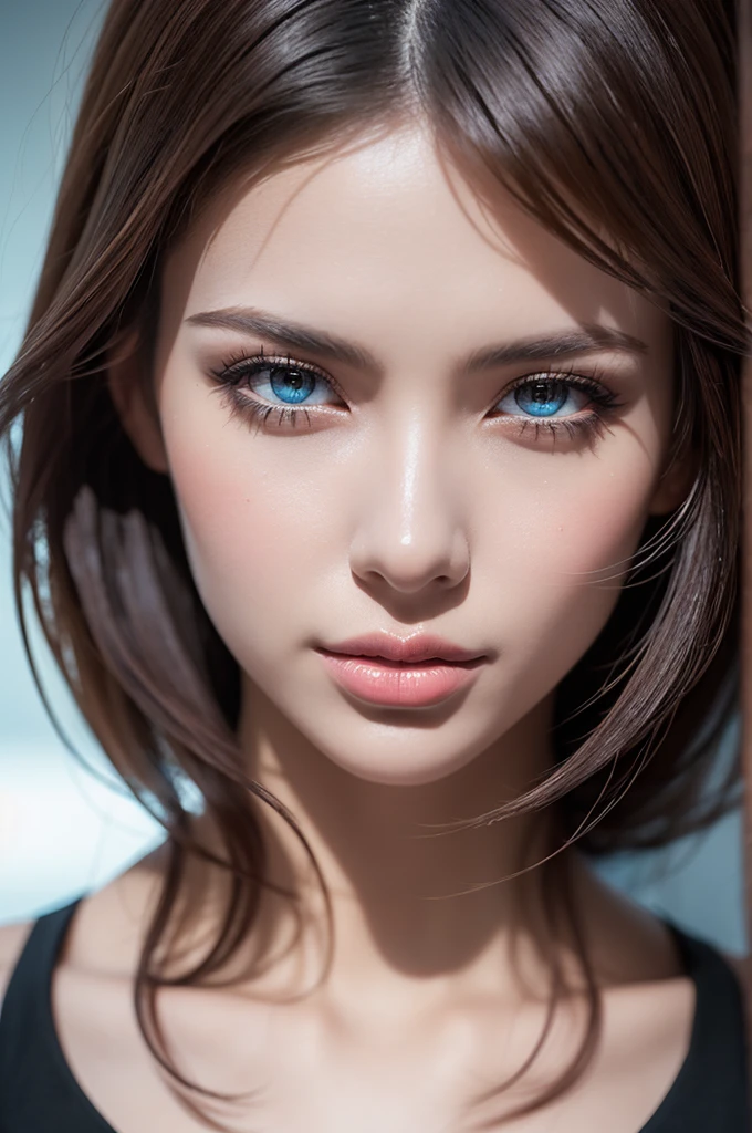 masterpiece, Highest quality, {Highest quality}, {{masterpiece}}, {High resolution}, 8K uhd、RAWphotograph、Model photo shoot、 European race、(masterpiece、Highest quality、Photorealistic、High resolution、photograph:1.3)、Close-up、Focusing、Hot Model、slim、30 year old mature woman、Small face、No makeup、short hair、Dark Hair、Thin beautiful eyes、Real Skin、(perfect body)、Detailed beautiful eyes、Glossy lips、Small breasts、Small breasts、Bust B cup、Realistic details、Cool beauty、Sexy pose、Background gray、Plain gray background