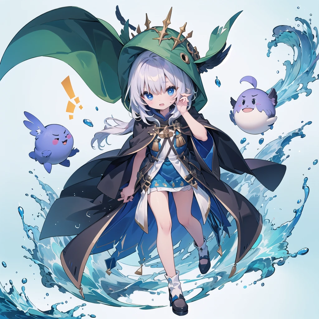 Chibi wearing a blue hooded cloak、The cape reaches down to the ankles、