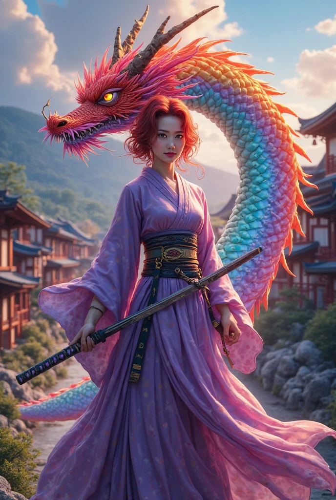 camera showing ground level long shot of the whole-body view of lady from head to elegant stiletto high heel. In this captivating, cinematic photo of a female Sengoku-era warrior, pretty lady MoonLay, stands tall in her vibrant kimono and stylish box pleated layered micro skirt and stiletto heel, exuding an aura of strength and grace. Her fiery red hair cascades down her back, and she holds her unsheathed pristine katana with determination. Her goddess super curvy figure, the goddess hair accessories and the sleek stiletto high heel she wears make her more elegant and seductive. The pinkish-cloudy sky casts a soft, vibrant glow over the scene, with colorful cherry blossoms blooming around her, symbolizing the transient beauty of life. A mystical Japanese cat, a guardian of fortune and happiness, perches on her shoulder, observing the surroundings with keen eyes. Her appearance is very sleek, stylish, minimalistic and elegant. Her hands gracefully position her like a divine protector, while her comrade samurai warriors standby for her command in the background, their faces a mix of determination and loyalty.