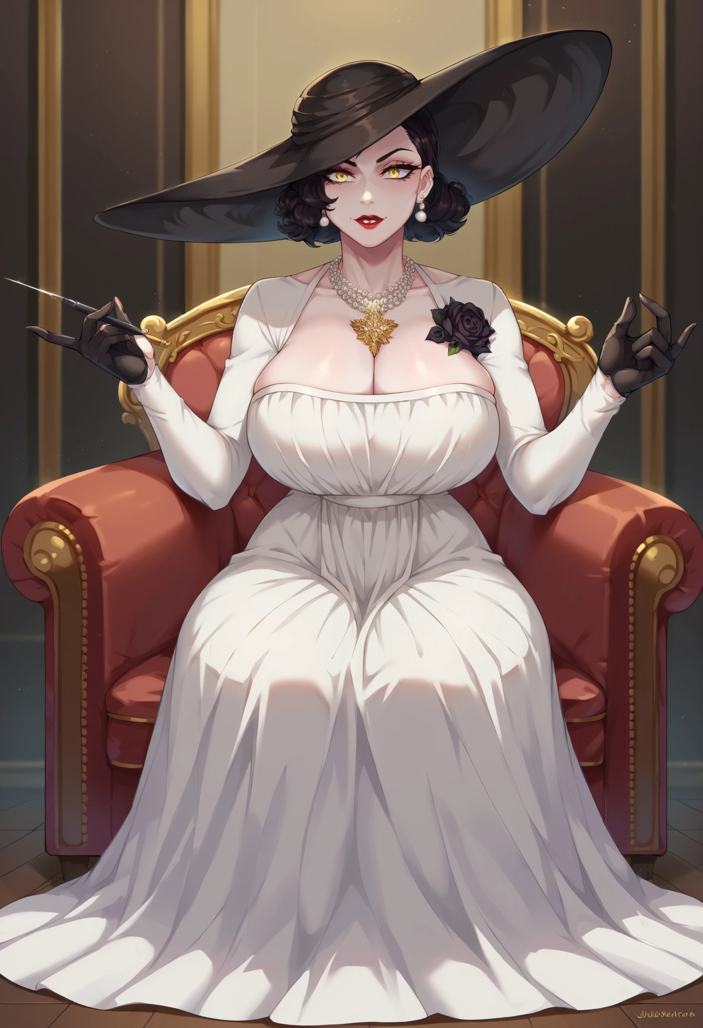 jiggle as a result of_9,jiggle as a result of_8_higher,jiggle as a result of_7_higher BREAK AlcinadimitrescuSDXL,one girl,poetry,big breasts,black hair,gloves, has , dress ,Jewelry,yellow eyes,Zahra ,Earrings,black gloves,necklace,white  dress ,makehigher, lipstick , pale skin ,sun  has ,long  dress ,  lipstick  ,pearl necklace,black Zahra ,BLACK ROSE,tall female, has  over one eye,Shepherds bullet,room,room background,Sitting,