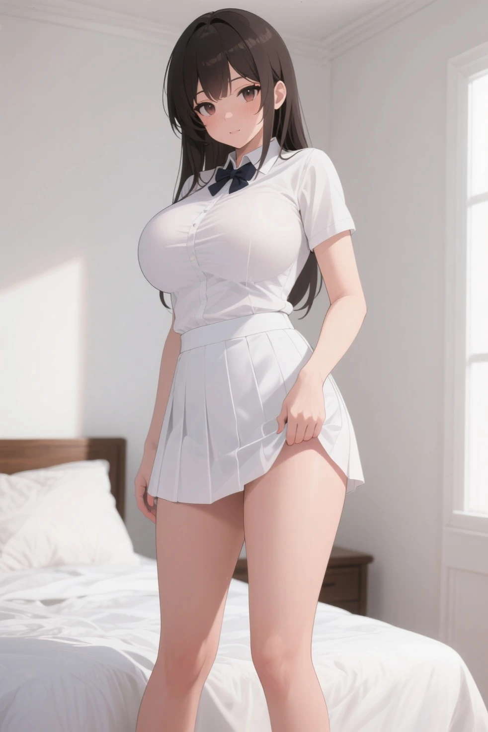 Sailor suit, Catholic ,Black Mask,1 girl,1 female,Black fishnet stockings,Black gloves,Laughter,Non-NSWF,Black Hair,Long-haired person,Very long straight hair,Top quality masterpiece, 1 girl, alone, Looking at the audience, Super huge breasts,Very large胸, blush ,1 girl,To the audience::::, Very large, (Big Valley), (Large saggy breasts), At the hotel, sexy, glamorous, Wet body .