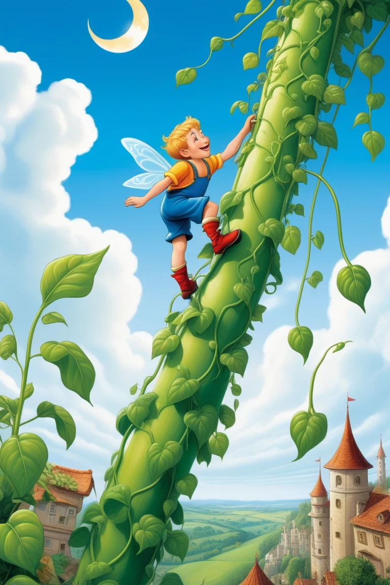 A blonde young boy is climbing a beanstalk. He is above the clouds and far away is a big castle.