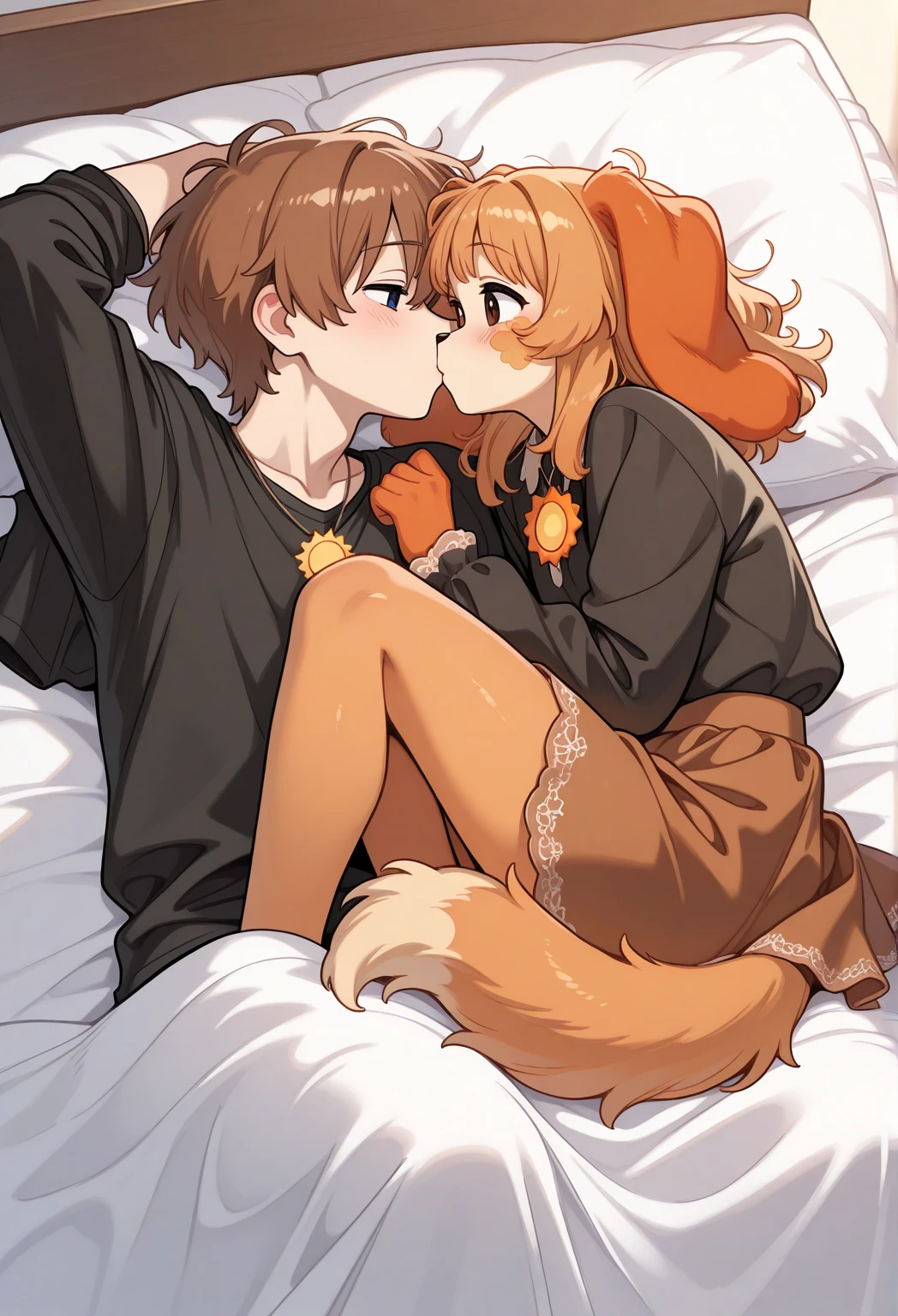 source_anime, anime style, anime screencap, 1girl, holo, brown hair,long hair,red eyes, wolf girl,wolf ear,wolf tail, cute, full blush, sex, pussy juice, closed eyes, [[happy]], 1boy, shota, on bed, from side, hugging, hug