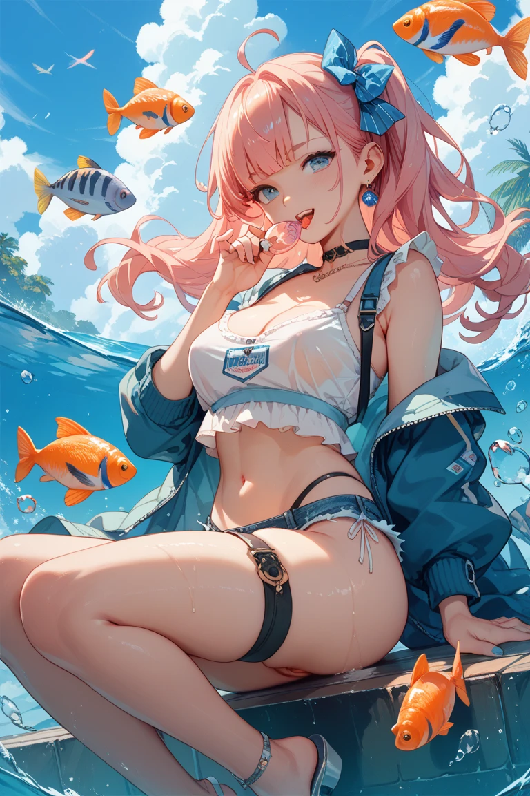 ((best quality)), ((master part)), 1girl, baleia, Sob o Mar, corpo inteiro, Rainbow bubbles, Espumas, criaturas marinhas, red hair , olhos dourados, excited and visible nipples, sem calcinha