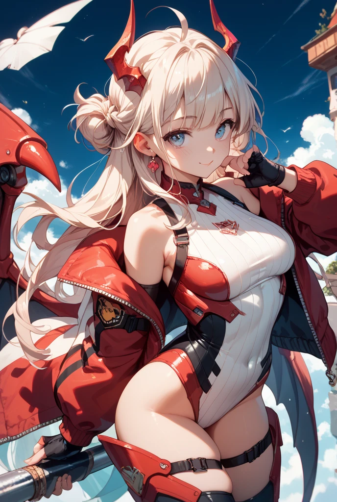 Realistic image, detailed image, 1 elf, She has red eyes, She has medium blonde hair with a red ribbon on the left side of her hair, She wears a short red blouse that exposes part of her stomach, sexy shorts. Stockings to mid-thigh, sneakers. She has big boobs, narrow waist, wide hips and thick thighs. smiling. Full body view. Arched back. white background. Uniform background. Volumetric light. Ambient light.