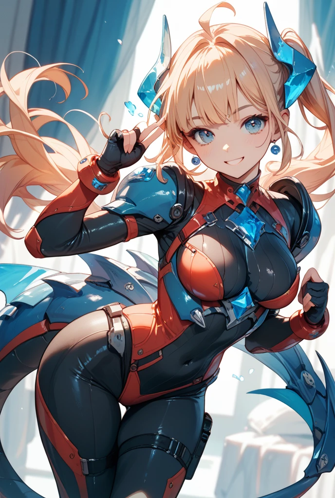 blonde hair, french braid, hair behind ear, hime cut, very long hair, heart-shaped pupils, animal ears, fox ears,"long orange fox ears with black tips", covering ears, kemonomimi mode, seductive smile,tail emanating(9 tails fox),huge , large hips,fully clothed, no nswf, white bodysuit,red eyes,pilot suit,short hair,blue hair,bangs,interface headset,turtleneck,hair between eyes,pixelated background,neon lights,sci-fi color scheme,vivid colors,metallic texture,detailed shading,holographic interface,dark atmosphere,high contrast,sharp focus,wisps of hair,reflective surface,exquisite details,high-res,studio lighting,red accents,illuminated surroundings,artificial intelligence assistant

