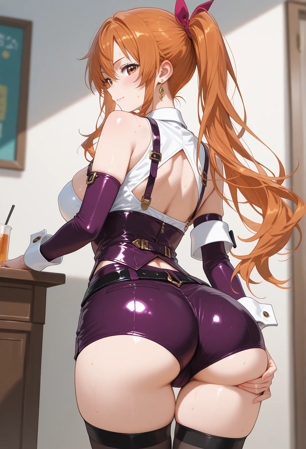 a beautiful anime portrait,anime illustration, Anime art wallpaper 8 K,best qualtiy,tmasterpiece,A high resolution,There was a woman dressed as Catwoman squatting on the roof,White skin,,Sexy style,very sexy outfit,Sexy seductive pose,Peach buttocks ,Devil figure,Top-down shooting angle