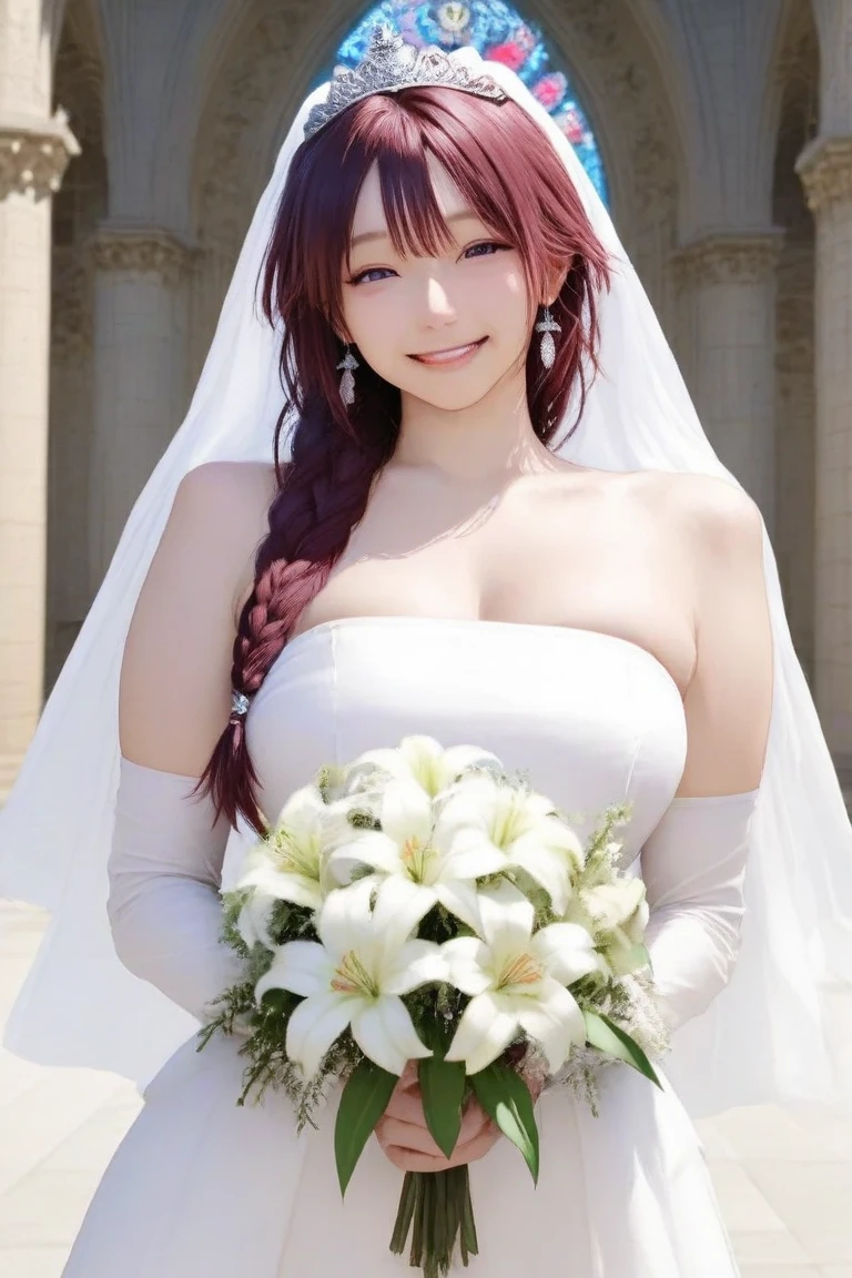 There is a woman in a wedding dress holding a bouquet, Nude,