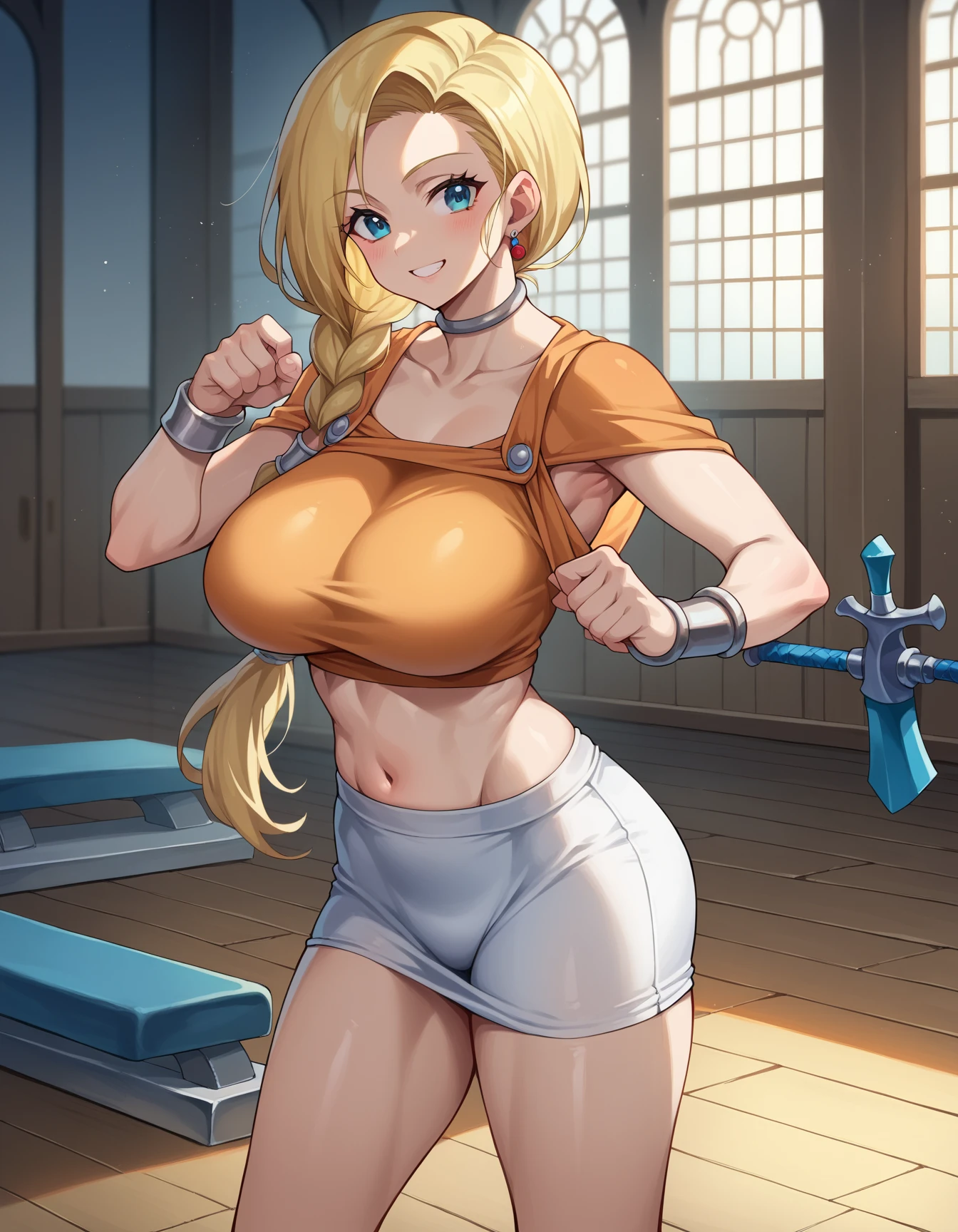 (((Huge breasts))), neckline, prison jumpsuit, orange jumpsuit, handcuffed, locked up in a cell, watched behind bars, jail cell, prison cell, restrainged, neckline, bondage ropes tied, flexing arms