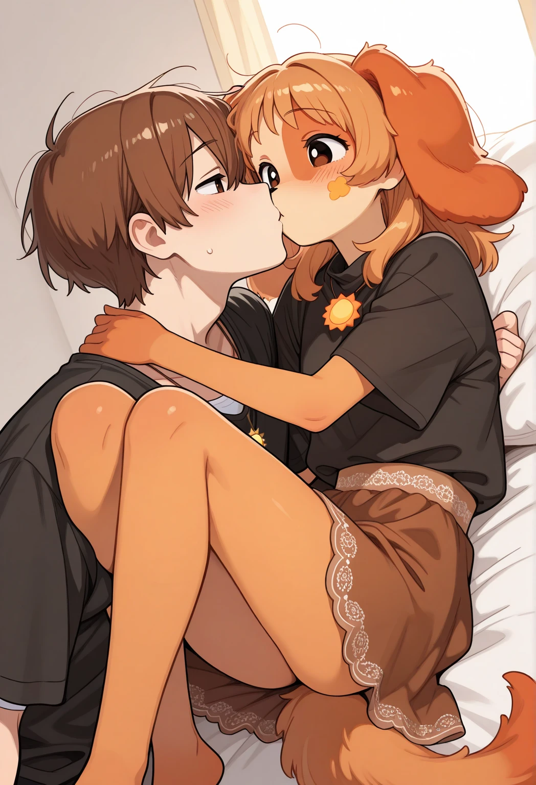 Score_9, Score_8_up, Score_7_up, Score_6_up, Score_5_up, Score_4_up, source_anime, anime style, anime screencap, screencap, anime coloring, 1girl, holo, brown hair,long hair,red eyes, wolf girl,wolf ear,wolf tail, ((cute)), heavy breathing, aroused, sex, missionary position, shota, on side, hug