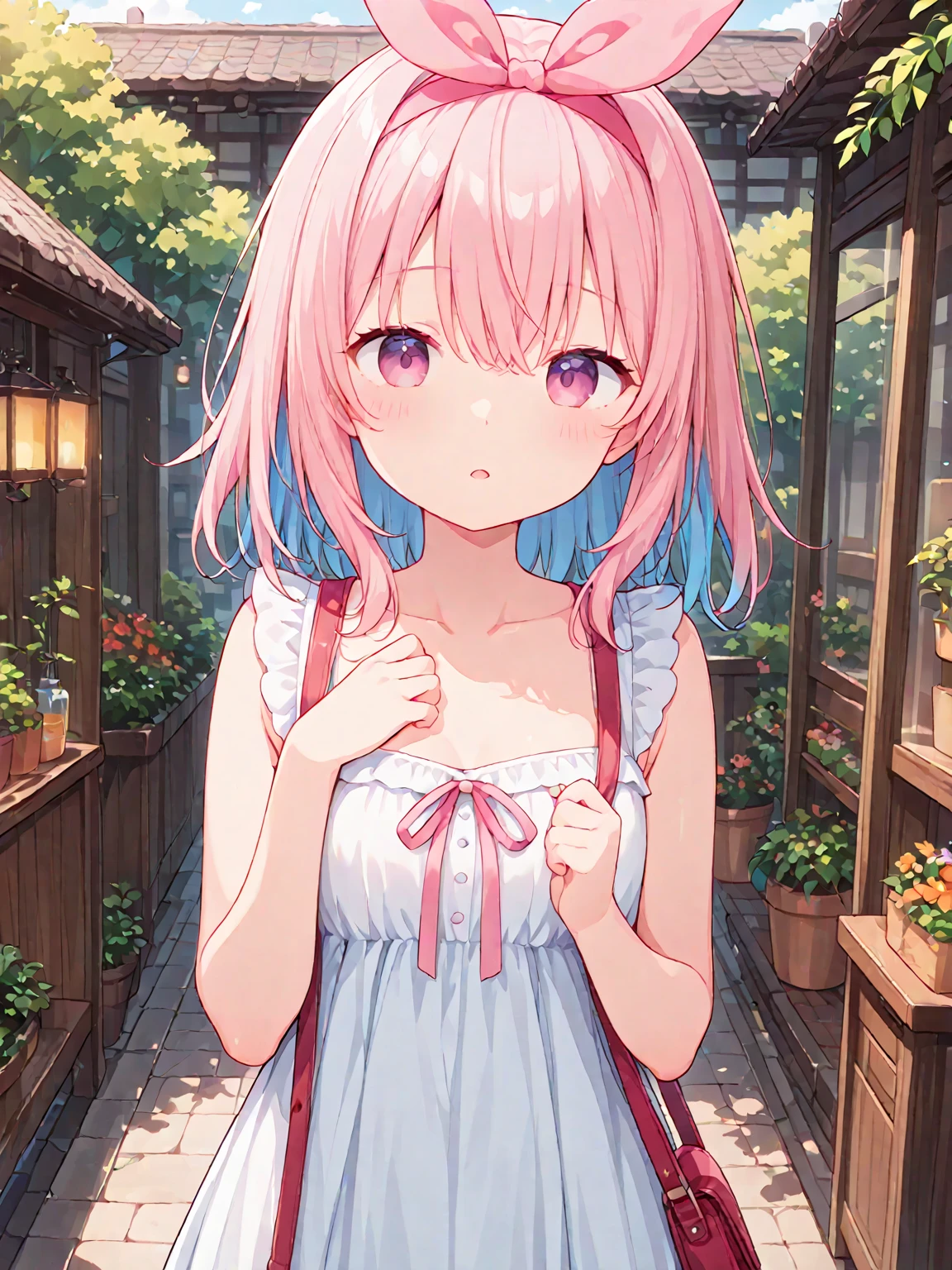 (masterpiece), Going out, cherry blossoms, Outdoor, One girl, Tank top, Medium Hair, Pink Hair, smile, Medium chest, Particles of light, Speckled sunlight