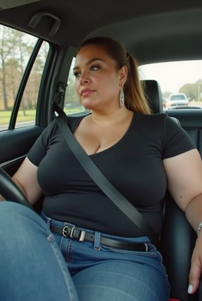 Lucy pinder, voluptuous woman, ((VERY INTENSE MAKEUP)), (Adele), cleavage, (Dina Meyer), brown hair, bun, light blue blouse, (dark blue vest), (black sweater), (black formal pants), mouth wide open, ((eyes closed)), fat woman, sitting in car, smiling