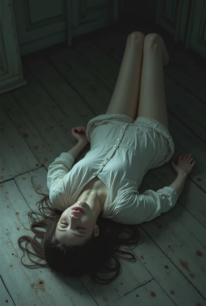 dead woman lying on a floor (lying), , inspired by Alexandre Cabanel, deathly pale skin, rope around his neck, naked, look of hate, cloudy eyes, russian white clothes, choker, victorian, beautiful with spooky vibes, murdered, Wallpaper, ultra high resolution, (photorealistic:1.4), cinematographic
